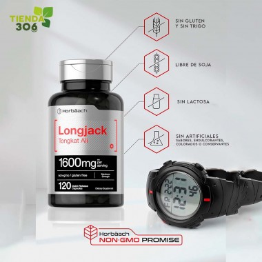 Horbaach Longjack Tongkat Ali - Extracto de Raíz de Longifolia 1600 mg por Servicio 120 Cápsulas de Liberación Rápida V3445 H...