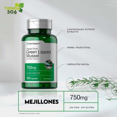 Horbaach Mejillón Verde de Nueva Zelanda - Green Lipped Mussel sin GMO Libre de Gluten 750 mg 120 Cápsulas V3518 Horbaach