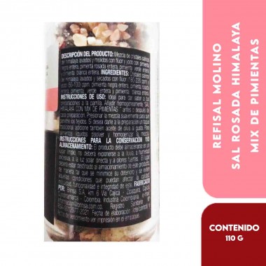 Refisal Molino Sal Rosada Himalaya - Mix de Pimientas 110 g (3.88 oz) Porción por envase 73.3 Aprox. D1353 REFISAL