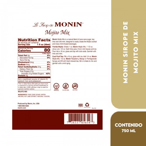 Monin Sirope de Mojito Mix 750 ml (25.4 fl oz) L1019 Monin