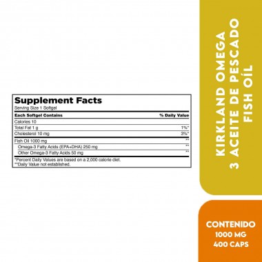 Kirkland Omega 3 Aceite de Pescado Fish Oíl 1000 mg (250 mg de EPA + DHA Omega-3 por porción) 400 Cápsulas Blandas V3020 Kirk...