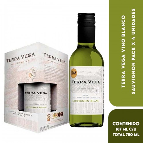 Terra Vega Vino Blanco Sauvignon Blanc 4 Unidades 187 ml, Total 750 ml L1024 Terra Vega
