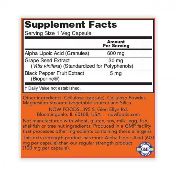 Now Acido Alfa Lipoico Extra Resistencia 600 mg 120 Cápsulas V3188 Now Nutrition for Optimal Wellness