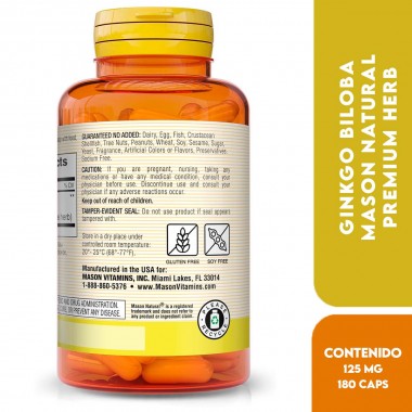 Mason Natural Premium Herb Ginkgo Biloba 125 mg Hierba Adaptógena 180 Cápsulas V3036 Mason Natural