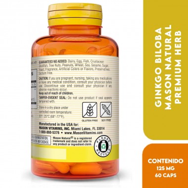 Mason Natural Premium Herb Ginkgo Biloba 125 mg Hierba Adaptógena 60 Cápsulas V3406 Mason Natural