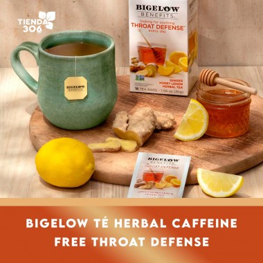 Bigelow Té Herbal Caffeine Free Throat Defense (Ginger Honey Lemon Herbal) – Jengibre, Miel y Limón 18 Bolsitas 1.06 oz (30 g...