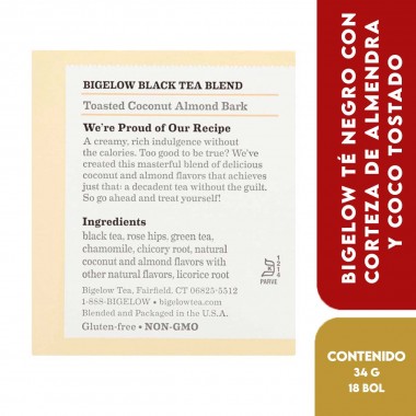Bigelow Té Negro con Corteza de Almendra y Coco Tostado - Toasted Coconut Almond Bark Black Tea 18 Bolsitas 23 oz (34 g) T216...