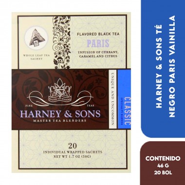 Harney & Sons Té Negro Paris Vainilla, Infusión de Grosellas, Caramelo y Cítricos 20 Bolsitas 1.6 oz (46 g) T2063 HARNEY & SONS