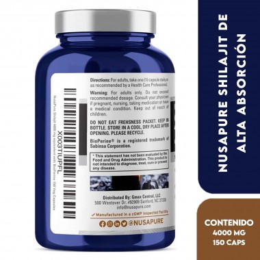 NusaPure Shilajit de Alta Absorción 4000 mg por Servicio con BioPerine, 150 Cápsulas Veganas V3523 Nusa Pure