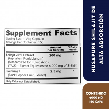 NusaPure Shilajit de Alta Absorción 4000 mg por Servicio con BioPerine, 150 Cápsulas Veganas V3523 NusaPure
