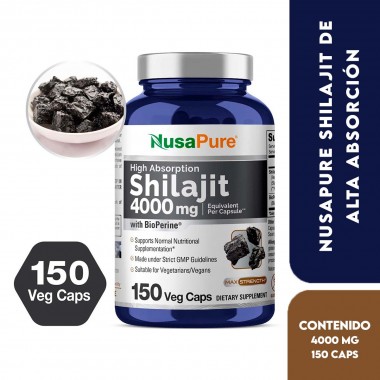 NusaPure Shilajit de Alta Absorción 4000 mg por Servicio con BioPerine, 150 Cápsulas Veganas V3523 Nusa Pure