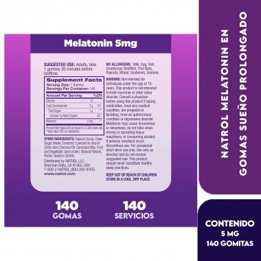 Natrol Melatonin en Gomas Sueño Prolongado Sabor a Fresa 5 mg 140 Gomitas V3296 Natrol