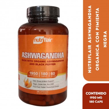 Nutriflair Ashwagandha Organica con Pimienta Negra - Soporte Sistema Nervioso 1950 mg 180 Cápsulas V3525 Nutriflair
