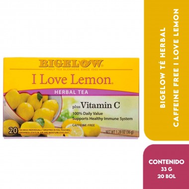 Bigelow Té Herbal Caffeine Free I Love Lemon con Vitamina C Apoya el Sistema Inmunológico Saludable 20 Bolsitas 1.28 oz (36 g...