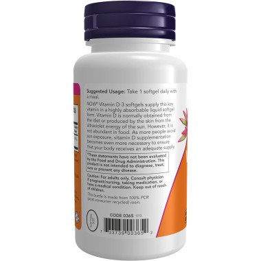 Now Vitamina D-3 1,000 IU Alta Potencia - Soporte Estructural 180 Cápsulas Suaves V3537 Now Nutrition for Optimal Wellness