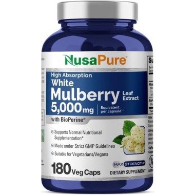 NusaPure Extracto de Hoja de Morera Blanca White Mulberry 5000 mg con Bioperine 180 Cápsulas Veganas V3366 NusaPure