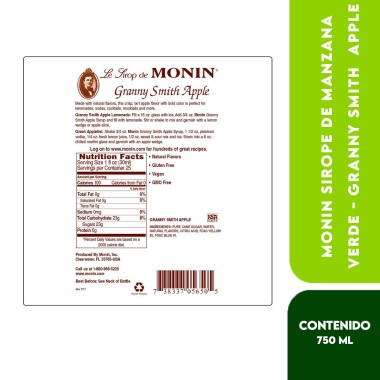 Monin Sirope de Manzana Verde - Granny Smith Apple 750 ml (25.4 fl oz) L1065 Monin