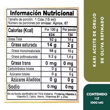 Kari Aceite de Orujo de Oliva Refinado 1 Lt (1000 ml) Contiene 67 Porciones Aprox. D1381 Kari