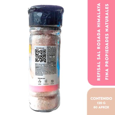 Refisal Sal Rosada Himalaya Fina Propiedades Naturales Grano Fino 120 g Porción por envase 80 Aprox. D1377 REFISAL