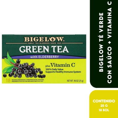 Bigelow Té Verde con Saúco + Vitamina C – Green Tea With Elderberry + Vitamin C Apoyo Sistema Inmune 18 Bolsitas .90 oz (25 g...