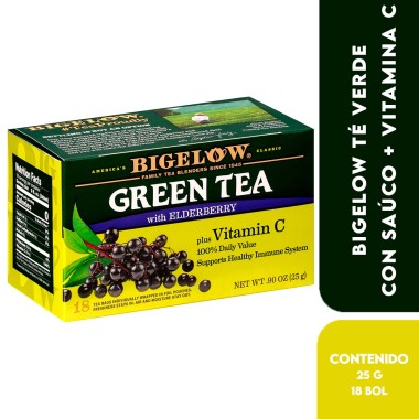 Bigelow Té Verde con Saúco + Vitamina C – Green Tea With Elderberry + Vitamin C Apoyo Sistema Inmune 18 Bolsitas .90 oz (25 g...