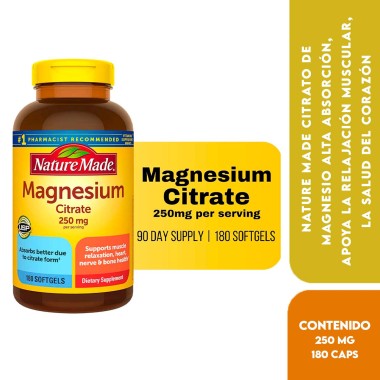 Nature Made Citrato de Magnesio 250 mg por Servicio Alta Absorción, Apoya la Relajación Muscular 180 Cápsulas Blandas V3404 N...