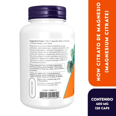 Now Citrato de Magnesio (Magnesium Citrate) Soporte Sistema Nervioso, la Producción de Energía 400 mg 120 Cápsulas V3301 Now ...