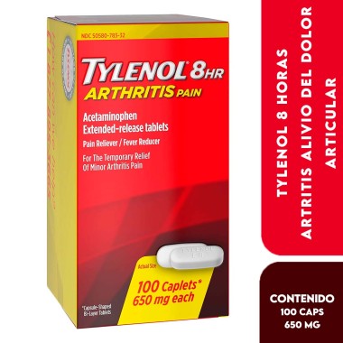 Tylenol 8 Horas Artritis Alivio del Dolor Articular Acetaminofén Acción Prolongada 100 Tabletas V3397 TYLENOL