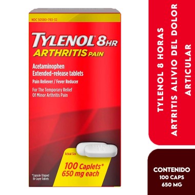 Tylenol 8 Horas Artritis Alivio del Dolor Articular Acetaminofén Acción Prolongada 100 Tabletas V3397 TYLENOL