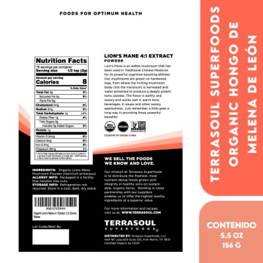 Terrasoul Superfoods Organic Hongo de Melena de León en Polvo - Lion's Mane Mushroom Powder (4:1 Extract) 5.5 oz (156 g) V315...