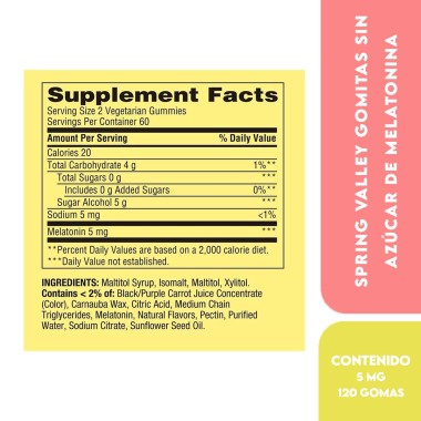 Spring Valley Gomitas Sin Azúcar de Melatonina 5 mg por Servicio Sabor a Fresa Soporte para el Sueño 120 Gomitas Vegetarianas...