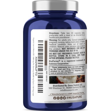 NusaPure Extracto de Melena de León Orgánica + Bioperina 20,000 mg 120 Cápsulas Vegetarianas V3480 NusaPure